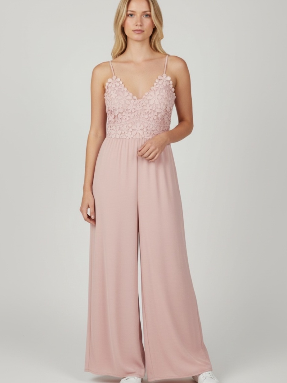 Derek Heart Blush Pink Floral Lace Bodice Wide Leg Jumpsuit with Spaghetti Strap